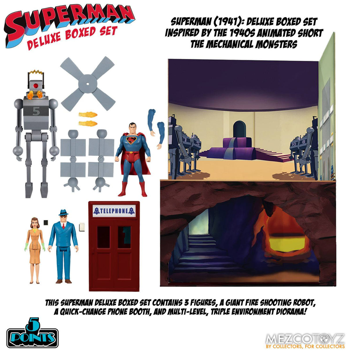 Mezco Superman The Mechanical Monsters (1941) 5 Points Action Figures Deluxe Box Set 10 cm