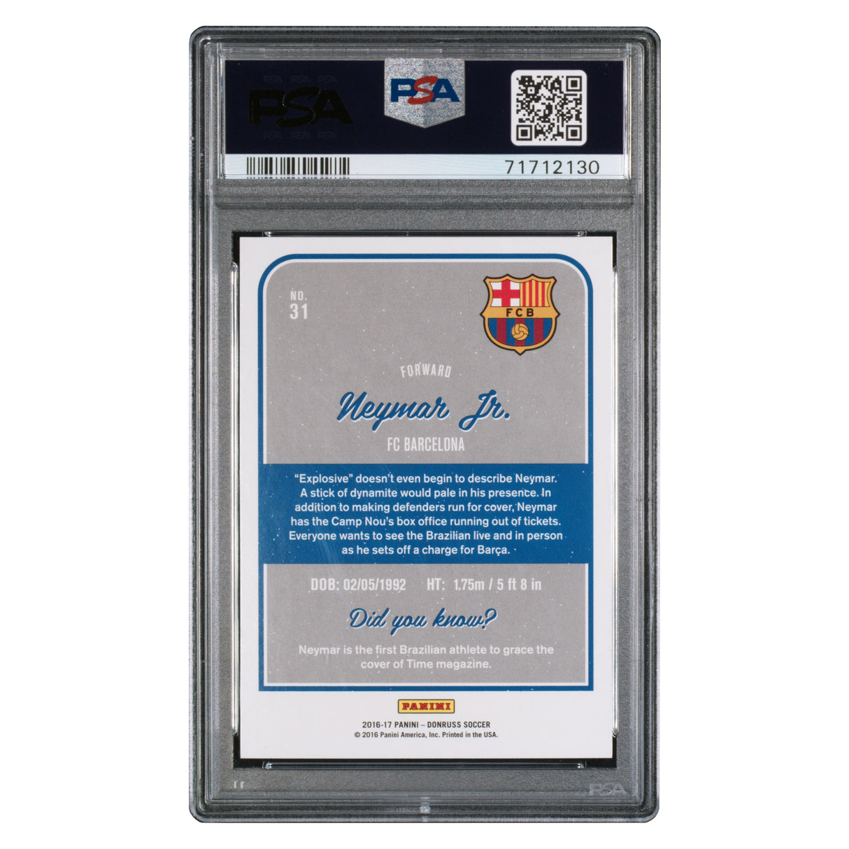 Neymar Jr Barcelona Panini Donruss 2016 PSA 10