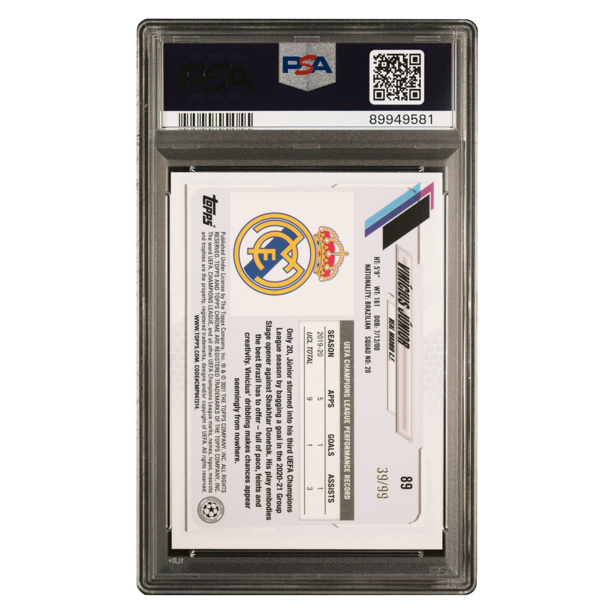 Vinicius Junior Topps Chrome Sapphire Yellow /99 PSA 8